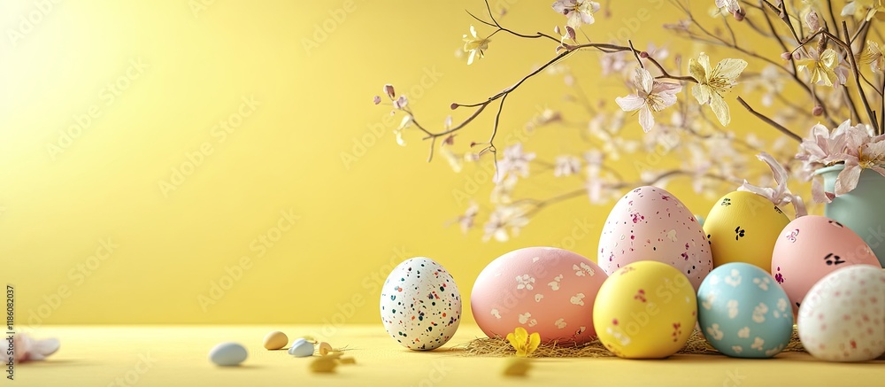 Leinwandbilder easter mockup vibrant easter eggs and decorations on a yellow backdrop holiday theme with room for t