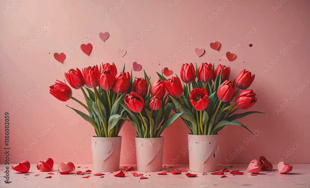 Poster three vases of red tulips are arranged on a pink background. there are also some hearts scattered ar