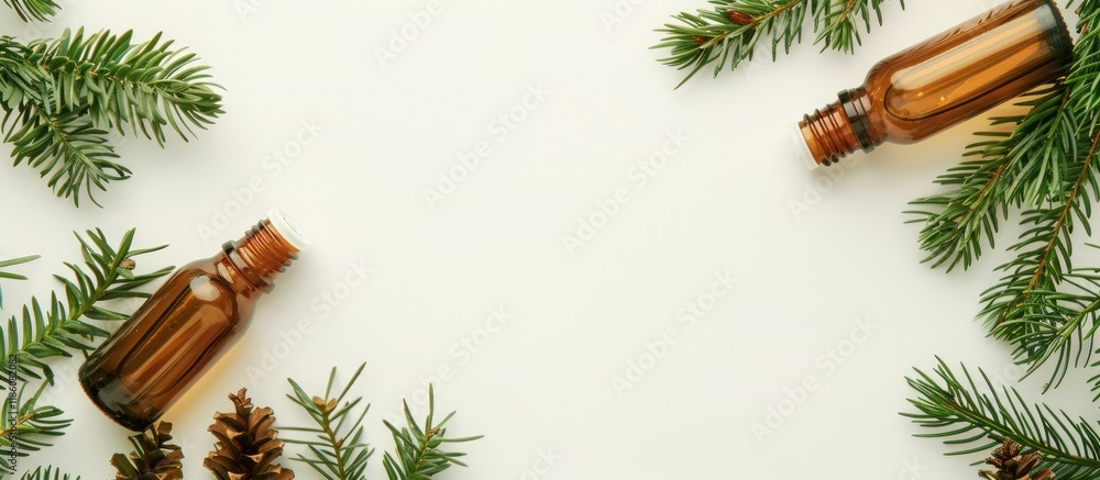Poster healing juniper oil concept aromatherapy juniper frame bottles and sprigs on a white background top 