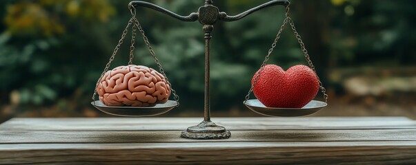 Scale balancing a brain and a heart, symbolizing the delicate equilibrium between intellect and emotion