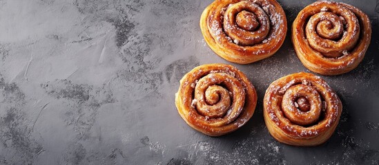 Naklejka premium Delicious cinnamon rolls on a gray table. with copy space image. Place for adding text or design