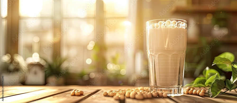 Poster A glass of soy milk with soybeans on a wooden table featuring a blurred background and morning lighting conveys a healthy concept. with copy space image. Place for adding text or design
