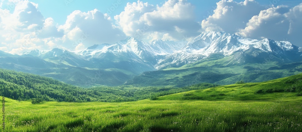Poster mountain landscape with grasslands at high altitude. with copy space image. place for adding text or
