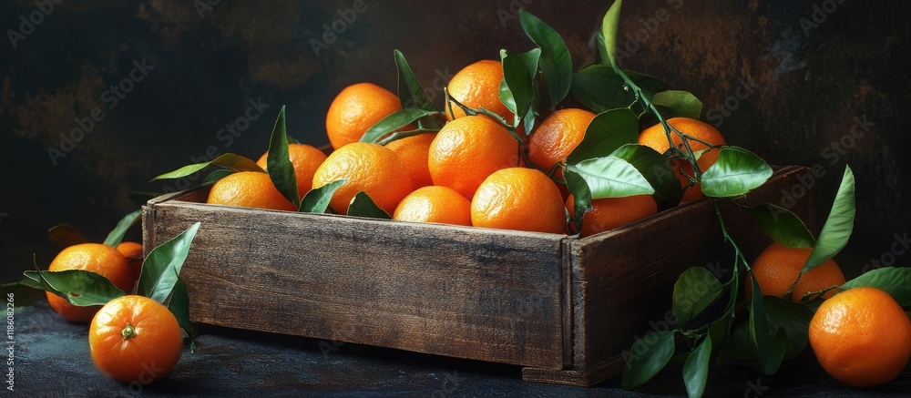 Aufkleber wooden box filled with delicious juicy tangerines on a dark background with copy space