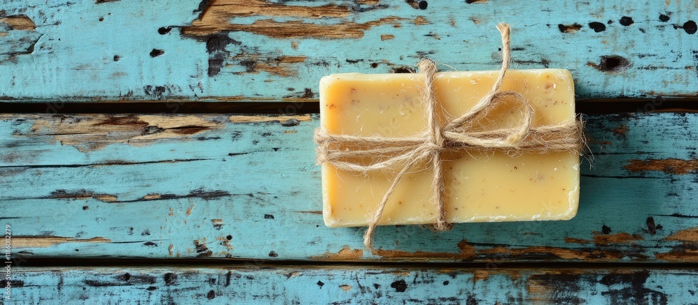 Poster organic soap on weathered bright wood backdrop. with copy space image. place for adding text or desi