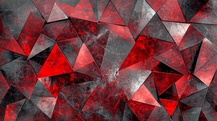 Triangular composition fragmenting into smaller polygons, corrupted pixel sorting creating vertical bands. Multiple layered triangles with offset neon red edges, digital noise filling negative space.