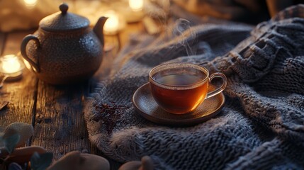 Fototapeta premium Cozy Autumn Evening: A Warm Cup of Tea by the Fireplace