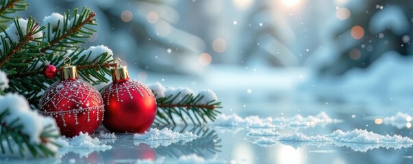 Obraz premium Icy winter landscape with golden red ornaments and fir branches on frozen ice background, balls, red