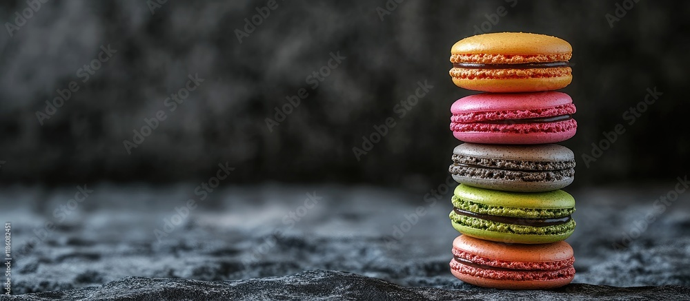 Leinwandbilder A stack of colorful and sweet French macaroons set against a dark rock backdrop. with copy space image. Place for adding text or design