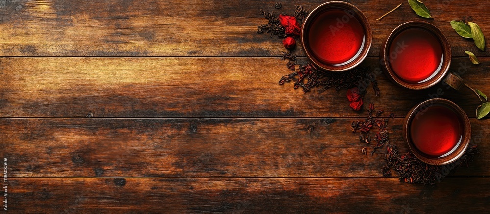 Aufkleber top view of red tea and its ingredients with copyspace on a wooden tabletop