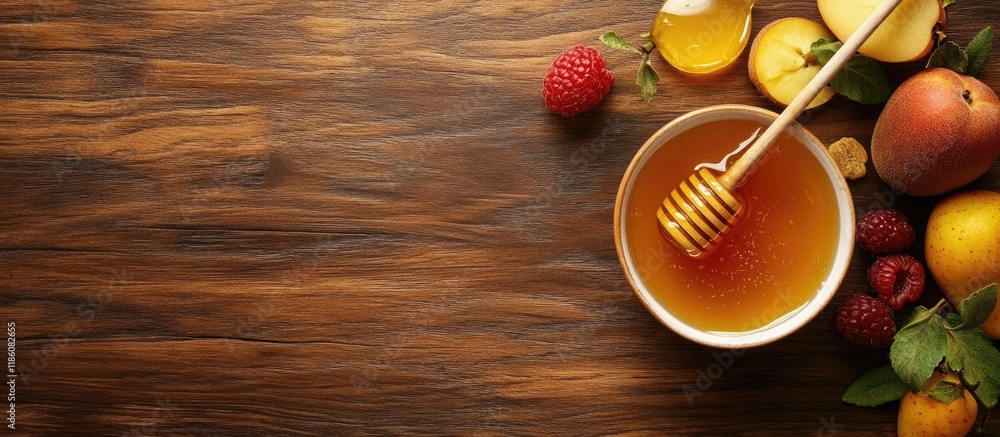 Poster bowl of honey dipper and fruits on a wooden surface with space for text. with copy space image. plac