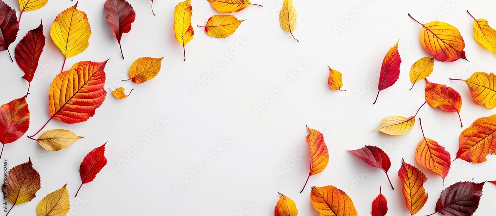 Aufkleber flat lay top view of yellow red and orange autumn leaves on the left side of the frame against a whi