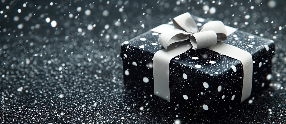 Fototapete Gift box featuring polka dots and a white ribbon on a black surface with a snow effect. with copy space image. Place for adding text or design
