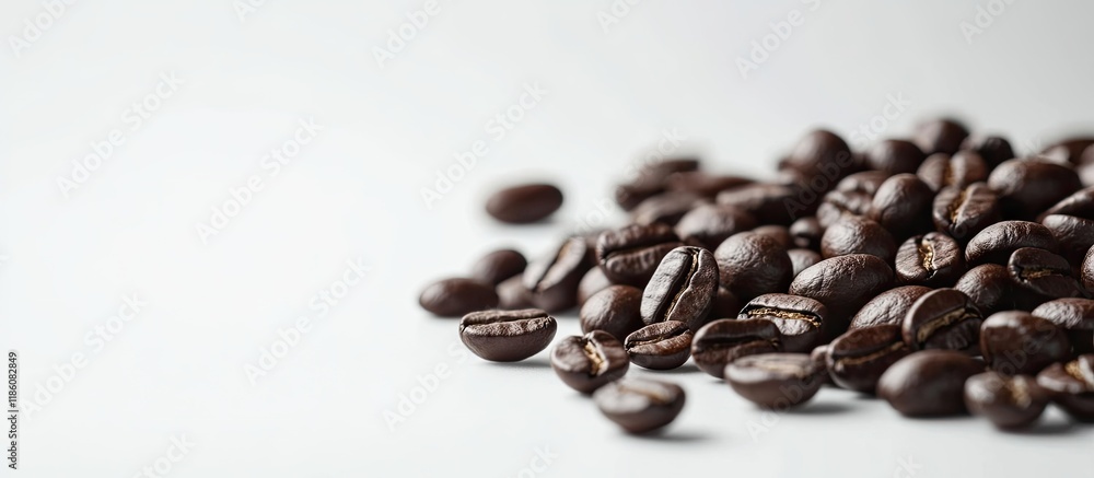 Poster roasted coffee beans on white wide depth of field captured with tilt shift lens. with copy space ima