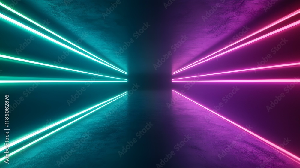 Poster the image contains a dark room with teal and purple neon lights creating converging lines on the flo