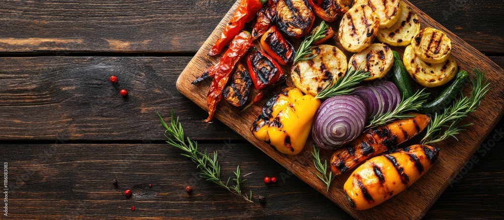 Aufkleber grilled vegetables on a cutting board on a dark wooden surface. with copy space image. place for add
