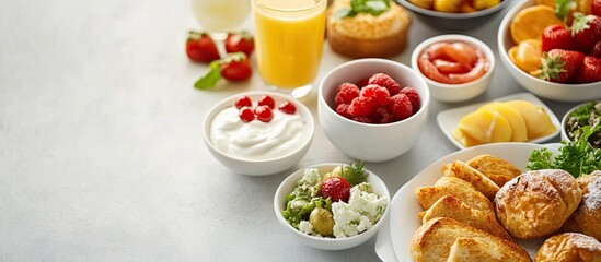 Breakfast food arrangement Celebratory brunch spread. with copy space image. Place for adding text or design