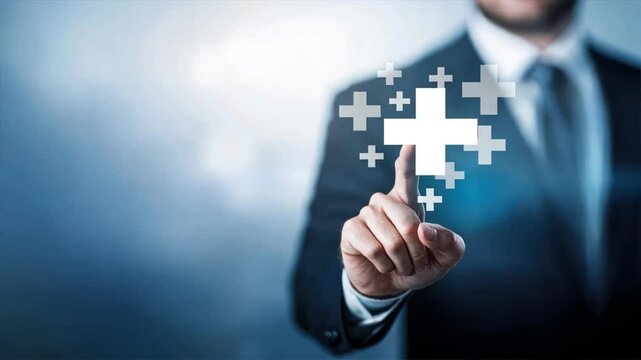 Businessman interacting with a glowing plus symbol on a touchscreen representing Employee Provident Fund, EPF account benefits, employee savings, and added advantages