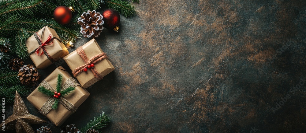 Poster rustic table arrangement for a festive christmas dinner featuring a gift box fir tree and decoration