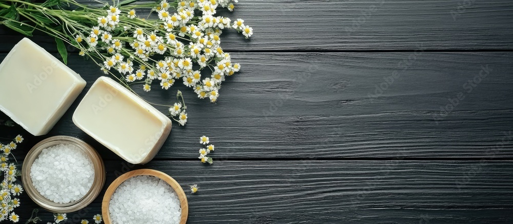 Poster cosmetic cream soap and bath salts featuring yarrow herbal flowers on a black wooden table. with cop