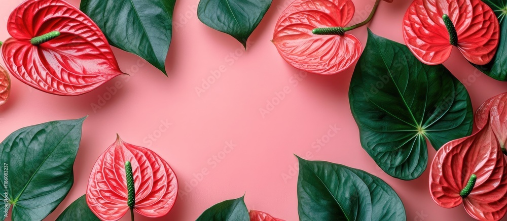 Poster Tropical red flower at the center and leaves of Anthurium also known as tailflower flamingo flower laceleaf against a pink background providing space for text Top view flat lay. with copy space image