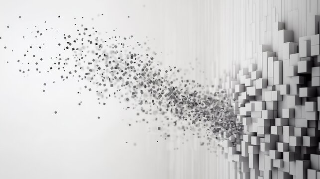 Business analytics bar graph disintegrating into floating cubic particles, with halftone dot pattern transition effect. Pristine chart sections contrast with pixelated areas, showing data