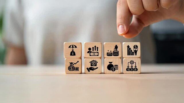 Wooden blocks arranged with icons on a white background symbolizing Employee Provident Fund concepts, EPF account features, employee benefits, and savings plans