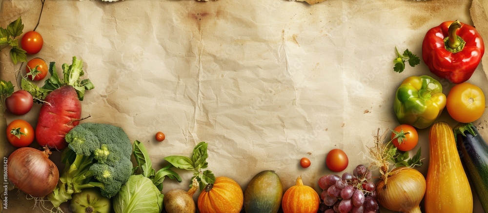 Poster an old vintage paper sheet held over an abundance of ripe vegetables concept of a healthy vegetarian