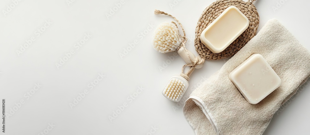 Aufkleber glove case cream and bath soap on a white background hammam and spa theme top view flat lay copyspac