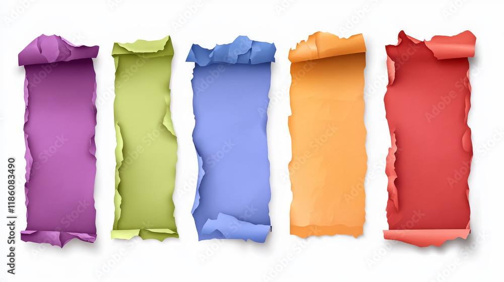 Poster glued color paper posters. realistic texture of wet paper sheet or fabric with creases. vector set o