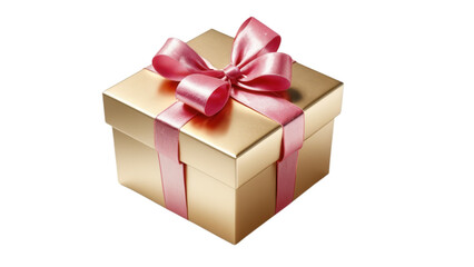 Obraz premium A gold gift box with a pink ribbon, elegantly tied in a bow, placed on a smooth white surface creating a romantic and festive vibe,