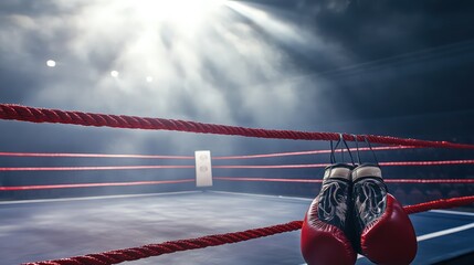 Under the bright, intense stadium lights, a boxing ring stands at the center, surrounded by eager spectators.