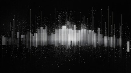 Data visualization interface decomposing through calculated pixel separation, bars breaking into uniform square units. Progressive fragmentation from solid to scattered state with systematic grid