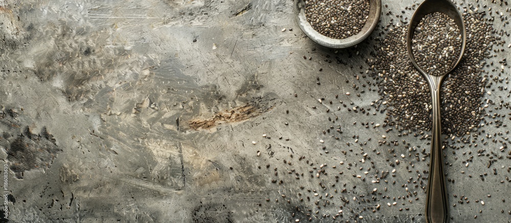 Poster organic food idea featuring healthy chia seeds in a spoon on a concrete backdrop. with copy space im