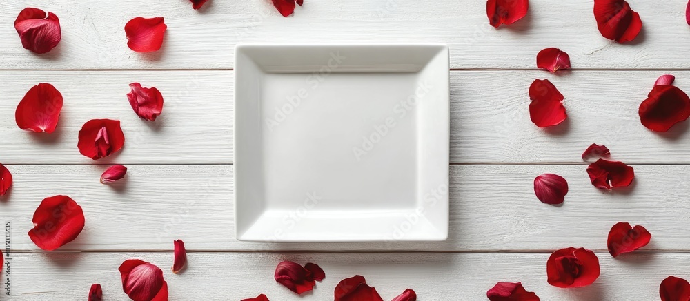Fototapete background for the menu or postcard a square plate on a white wooden surface encircled by red petals