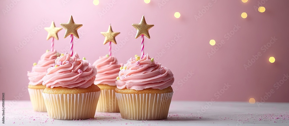 Poster Golden star shaped candles on cupcakes with pink buttercream frosting Birthday cupcakes Party treats. with copy space image. Place for adding text or design