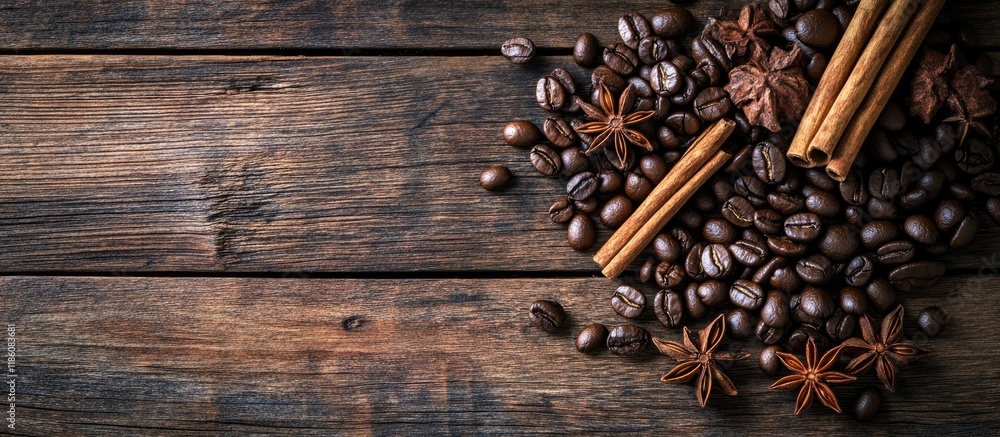 Aufkleber A stack of coffee beans star anise and cinnamon sticks on a rustic wooden table Top view. with copy space image. Place for adding text or design