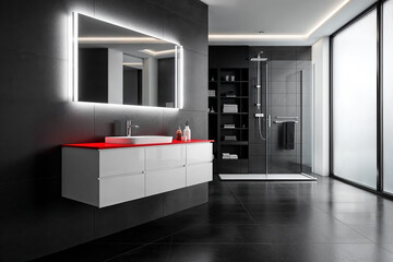 Modern Bathroom with Dark Tile Walls, Red Countertop, and Glass Shower Enclosure