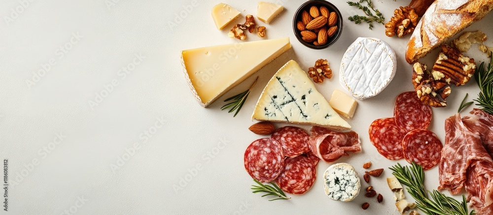 Leinwandbilder Flat lay featuring a variety of food including cheese bread meat and nuts on a light surface. with copy space image. Place for adding text or design