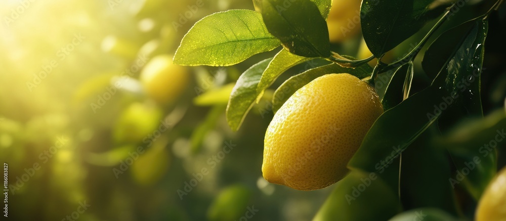 Poster lemon fruit on a tall tree. with copy space image. place for adding text or design