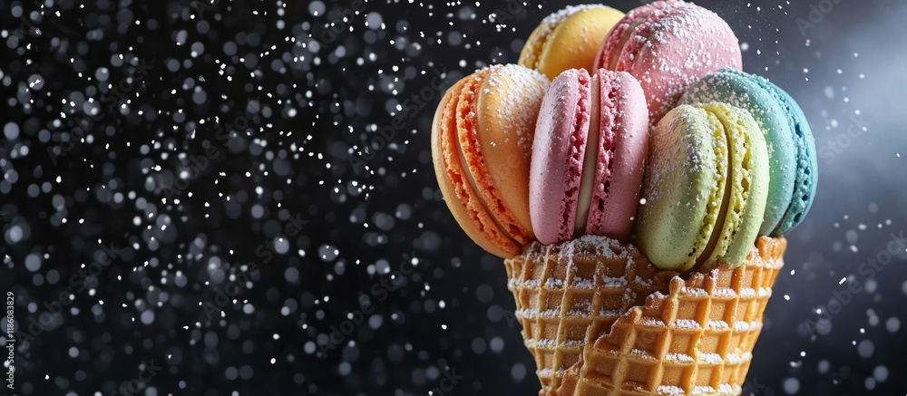 Aufkleber colorful french macarons in a waffle cone dusted with powdered sugar a creative composition for chri