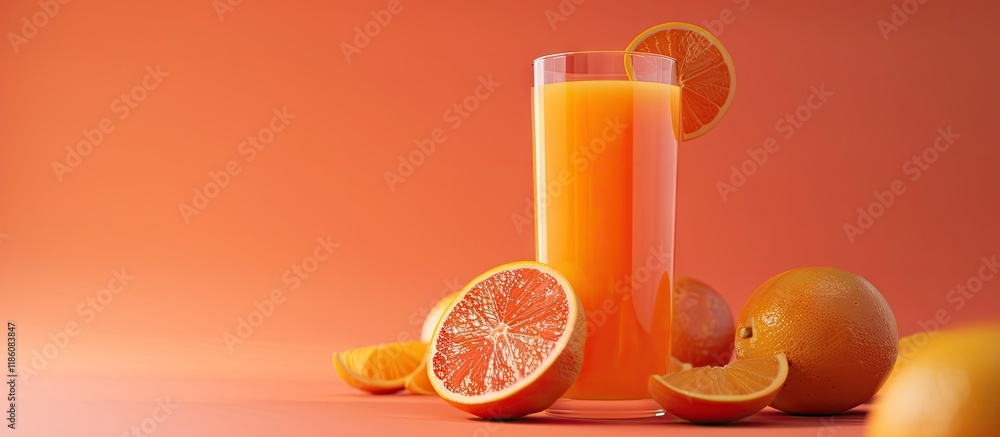 Poster a glass of fruit juice accompanied by fresh citrus fruits. with copy space image. place for adding t