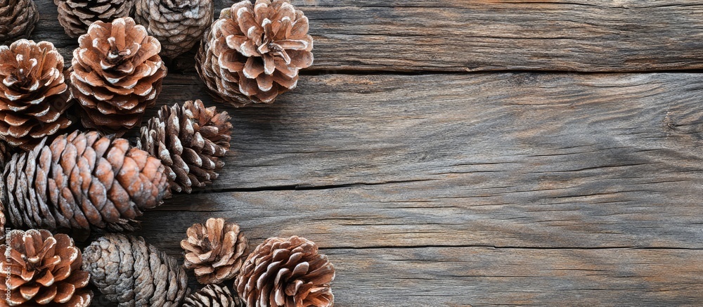 Poster pine cones and a branch on a rustic wooden background copy space