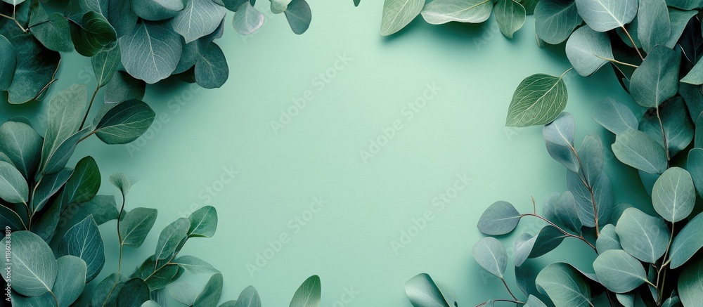 Fototapete Flat Lay of Tropical Eucalyptus Green Leaves on Mint Sage Background. with copy space image. Place for adding text or design