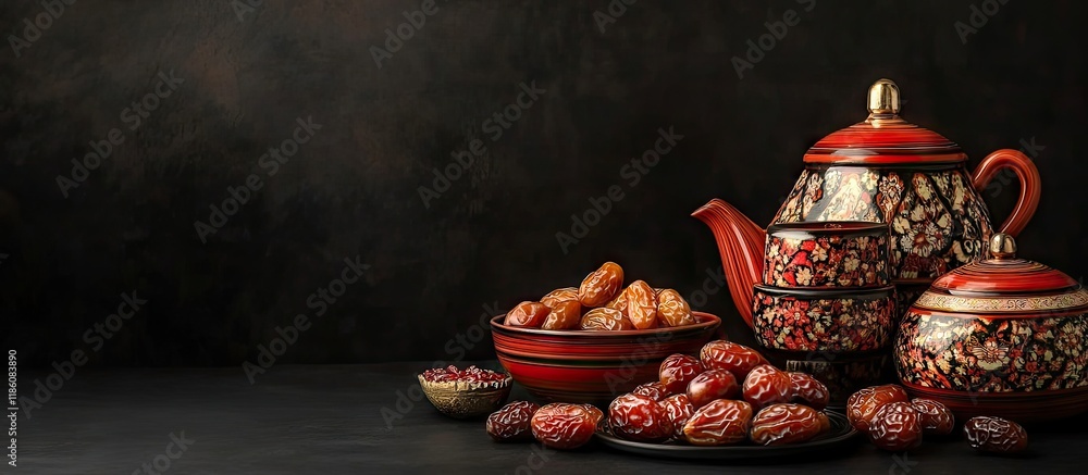Poster arabic traditional dishes pots and dates such as kurma and tamar holiday decorations ramadan kareem 