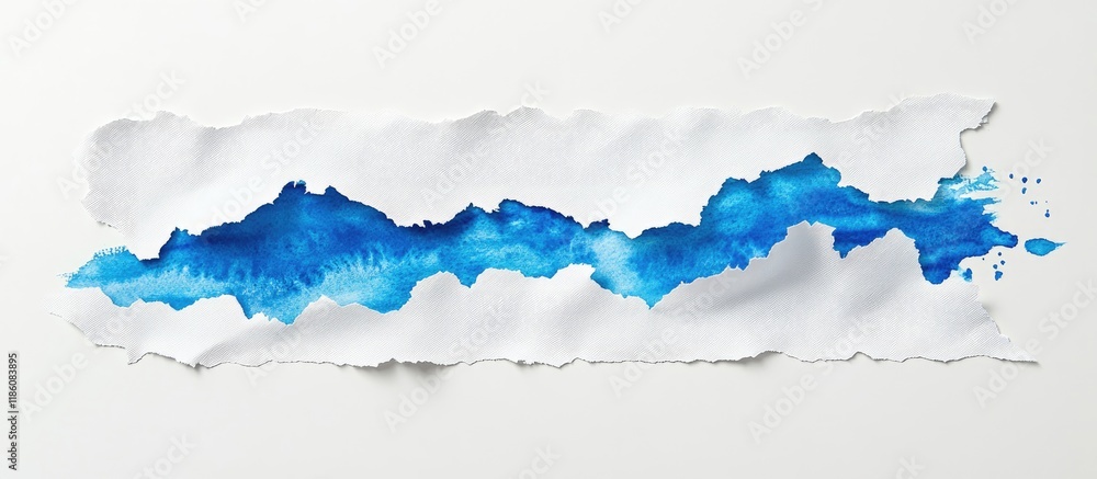 Poster paper scraps in various shapes a white torn paper piece featuring blue watercolor streaks on a white