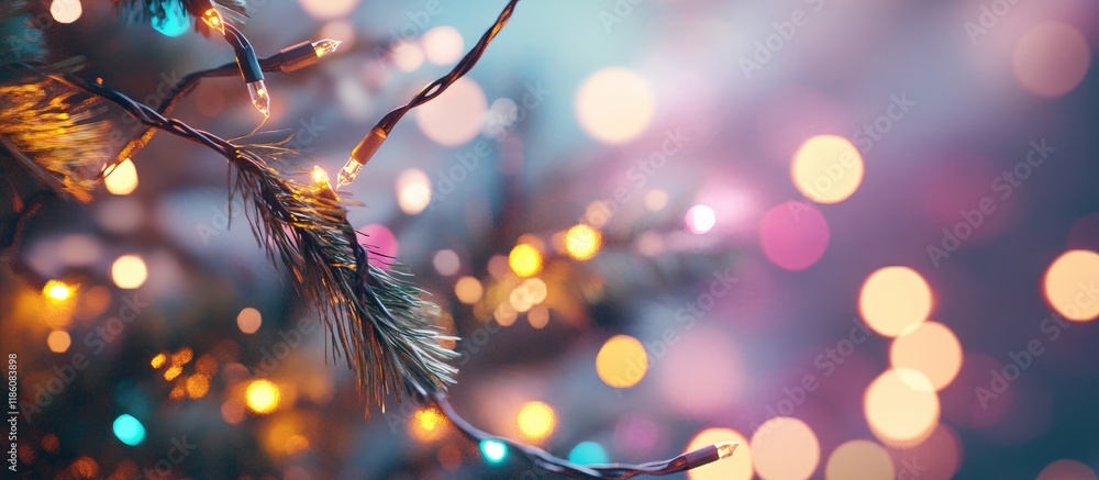 Aufkleber holiday lighting and decor concept christmas garland bokeh lights. with copy space image. place for 