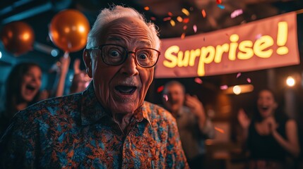 Fototapeta premium Retiree joyfully surprised in a celebration with family and friends at a festive gathering