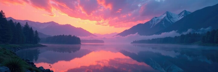 Fototapeta premium misty morning on a river with mountains and stars in the background, fog, sunrise, mist