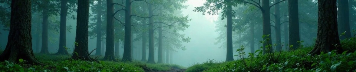 Fototapeta premium Misty forest with towering trees and undergrowth, woodland atmosphere, overgrown vegetation